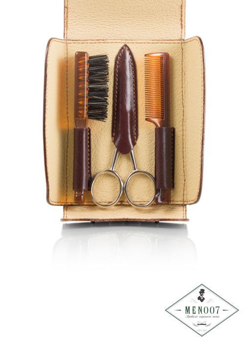 Набор для усов и бороды Mondial: в коричневом чехле щетка, расческа и ножницы