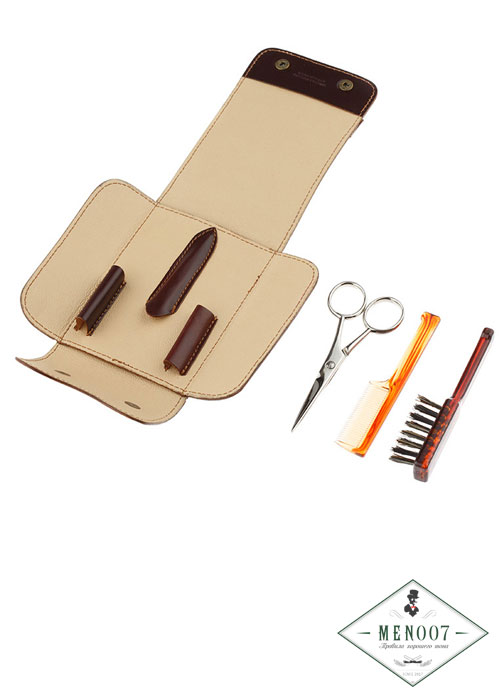 Дорожный набор для усов и бороды IL Ceppo в коричневом чехле: щетка, расческа, ножницы