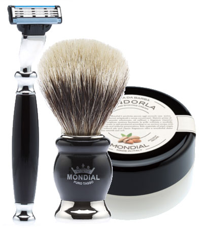 Бритвенный набор Mondial: станок MACH3, помазок, крем для бритья Bergamotto, цвет черный GB-FIZ-BL-STK-M3-B