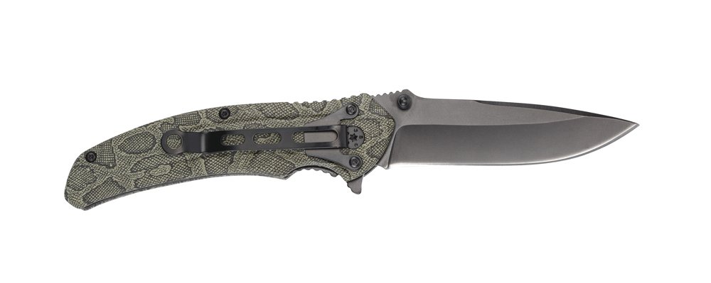 Нож складной Stinger, 84 мм (черный), рукоять: алюминий (зеленый камуфляж), картонная коробка