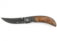 Нож складной, 70 мм (чёрный), рукоять: сталь+дерево (коричневый), картонная коробка STINGER FK-S054B