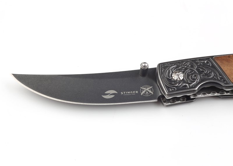 Нож складной, 70 мм (чёрный), рукоять: сталь+дерево (коричневый), картонная коробка STINGER FK-S054B