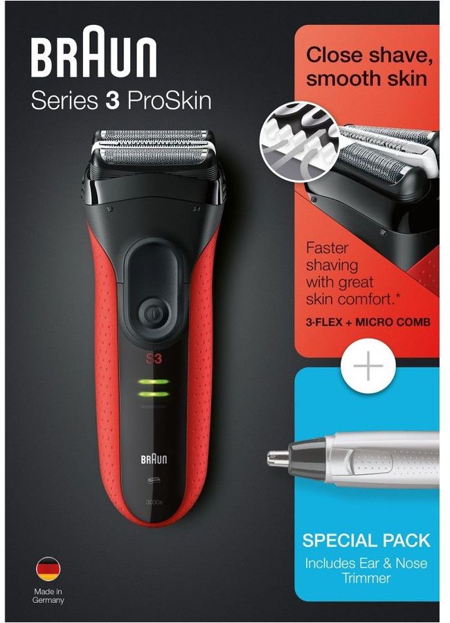 Электробритва BRAUN Series 3 3030s+EN10, черный и красный