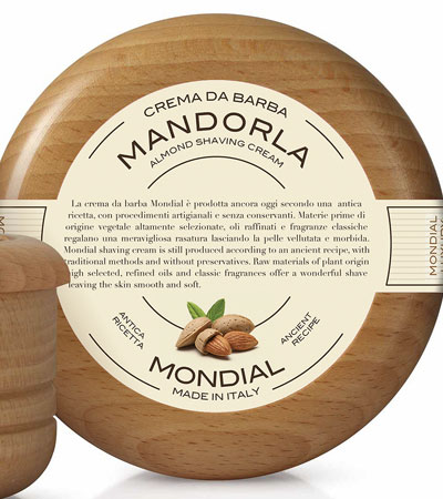 Крем для бритья Mondial "MANDORLA" с ароматом миндаля, деревянная чаша, 140 мл