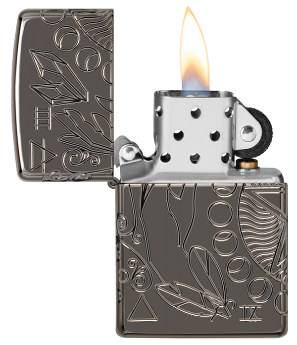 Зажигалка ZIPPO Armor® Wicca Design с покрытием Black Ice®, латунь/сталь, чёрная, 38x13x57 мм