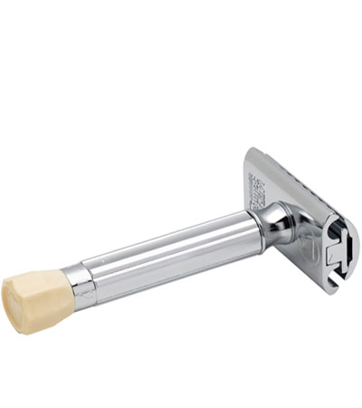 Станок Т- образный для бритья MERKUR-570С хромированный, с удлиненной ручкой и регулировкой угла наклона лезвия, в пластиковой упаковке, лезвия в комплекте (10 шт)